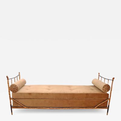 Jacques Adnet Daybed Bamboo and Black Stitched Leather by Jacques Adnet