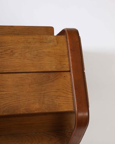 Jacques Adnet Elm and Leather Magazine Holder Side Table by Jacques Adnet France c 1960s