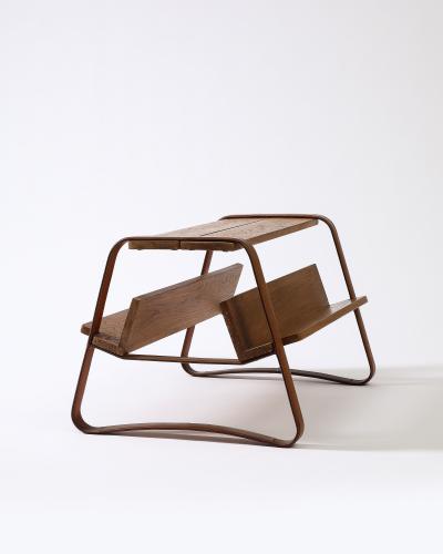 Jacques Adnet Elm and Leather Magazine Holder Side Table by Jacques Adnet France c 1960s