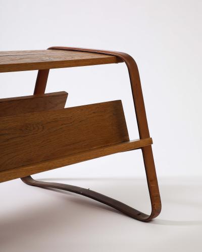 Jacques Adnet Elm and Leather Magazine Holder Side Table by Jacques Adnet France c 1960s