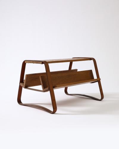 Jacques Adnet Elm and Leather Magazine Holder Side Table by Jacques Adnet France c 1960s