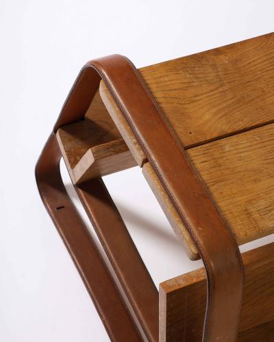 Jacques Adnet Elm and Leather Magazine Holder Side Table by Jacques Adnet France c 1960s