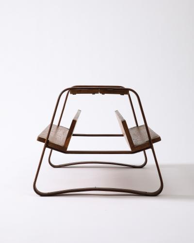 Jacques Adnet Elm and Leather Magazine Holder Side Table by Jacques Adnet France c 1960s