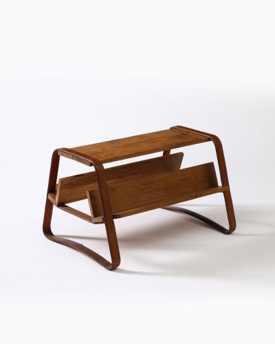Jacques Adnet Elm and Leather Magazine Holder Side Table by Jacques Adnet France c 1960s