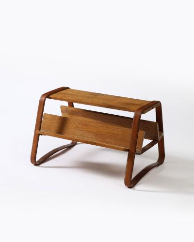 Jacques Adnet Elm and Leather Magazine Holder Side Table by Jacques Adnet France c 1960s