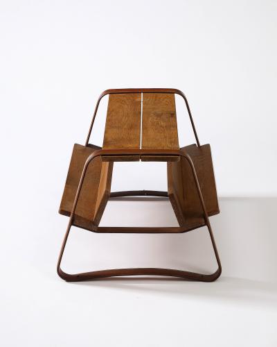 Jacques Adnet Elm and Leather Magazine Holder Side Table by Jacques Adnet France c 1960s