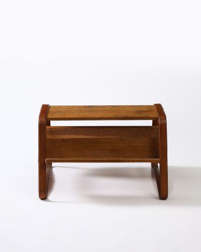 Jacques Adnet Elm and Leather Magazine Holder Side Table by Jacques Adnet France c 1960s