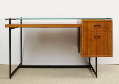 Jacques Adnet FRUITWOOD DESK WITH GLASS TOP BY ADNET