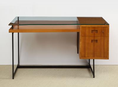 Jacques Adnet FRUITWOOD DESK WITH GLASS TOP BY ADNET