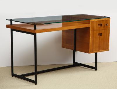 Jacques Adnet FRUITWOOD DESK WITH GLASS TOP BY ADNET