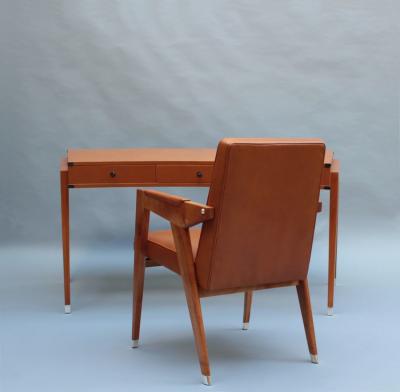 Jacques Adnet Fine French 1950s Leather Covered Desk and Chairs by Jacques Adnet