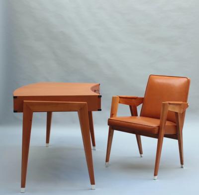 Jacques Adnet Fine French 1950s Leather Covered Desk and Chairs by Jacques Adnet
