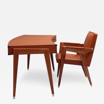 Jacques Adnet Fine French 1950s Leather Covered Desk and Chairs by Jacques Adnet