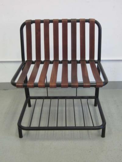 Jacques Adnet Four French Mid Century Modern Leather Strap Chairs Attributed to Jacques Adnet