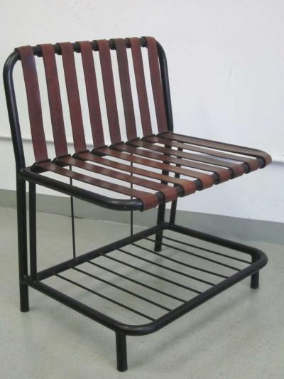 Jacques Adnet Four French Mid Century Modern Leather Strap Chairs Attributed to Jacques Adnet