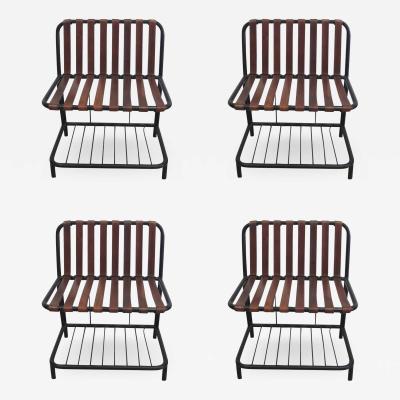 Jacques Adnet Four French Mid Century Modern Leather Strap Chairs Attributed to Jacques Adnet