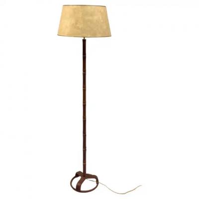 Jacques Adnet French Hand Stitched Faux Bamboo Brown Leather Floor Lamp by Jacques Adnet