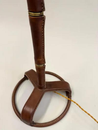 Jacques Adnet French Hand Stitched Faux Bamboo Brown Leather Floor Lamp by Jacques Adnet