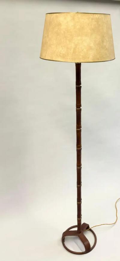 Jacques Adnet French Hand Stitched Faux Bamboo Brown Leather Floor Lamp by Jacques Adnet