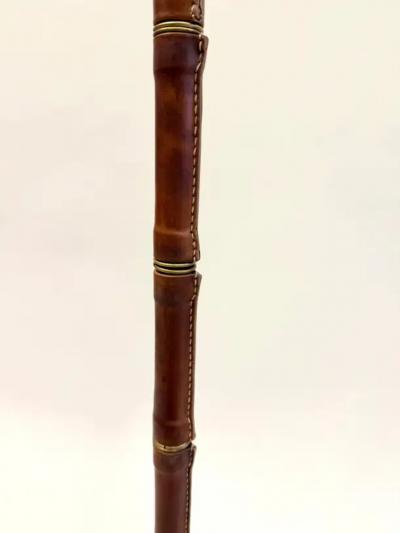 Jacques Adnet French Hand Stitched Faux Bamboo Brown Leather Floor Lamp by Jacques Adnet