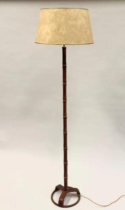 Jacques Adnet French Hand Stitched Faux Bamboo Brown Leather Floor Lamp by Jacques Adnet