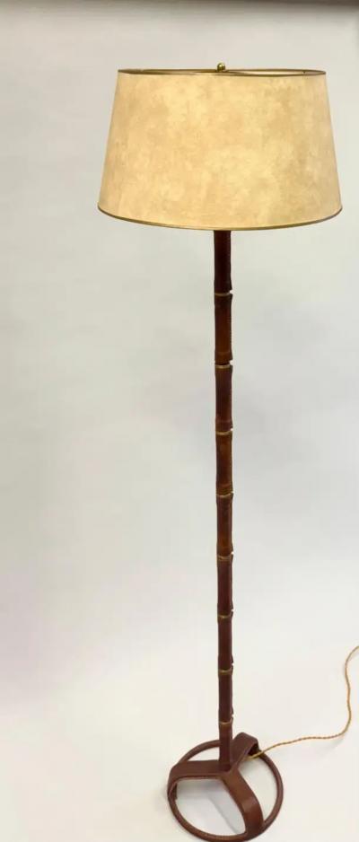 Jacques Adnet French Hand Stitched Faux Bamboo Brown Leather Floor Lamp by Jacques Adnet