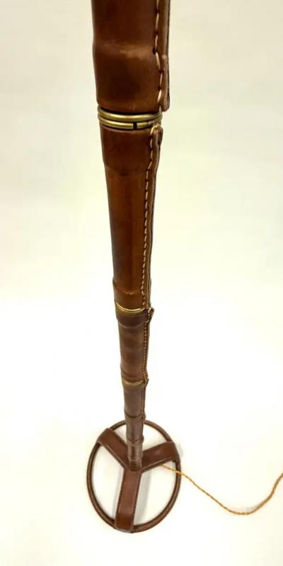 Jacques Adnet French Hand Stitched Faux Bamboo Brown Leather Floor Lamp by Jacques Adnet