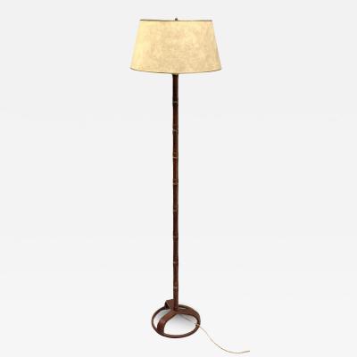 Jacques Adnet French Hand Stitched Faux Bamboo Brown Leather Floor Lamp by Jacques Adnet