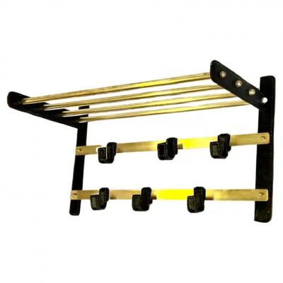 Jacques Adnet French Hand Stitched Leather Brass Coat and Hat Rack by Jacques Adnet 1955
