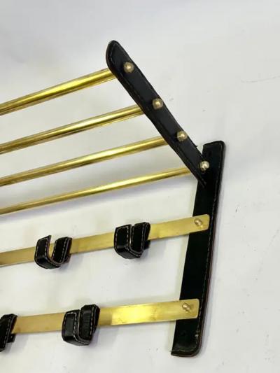 Jacques Adnet French Hand Stitched Leather Brass Coat and Hat Rack by Jacques Adnet 1955