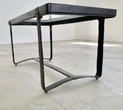 Jacques Adnet French Mid Century Hand sewn Black Leather Coffee Table by Jacques Adnet