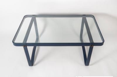 Jacques Adnet French Mid Century Hand sewn Black Leather Coffee Table by Jacques Adnet