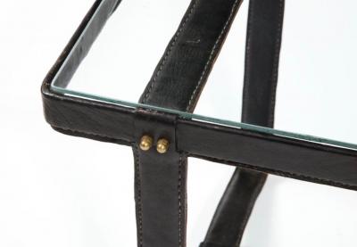 Jacques Adnet French Mid Century Hand sewn Black Leather Coffee Table by Jacques Adnet