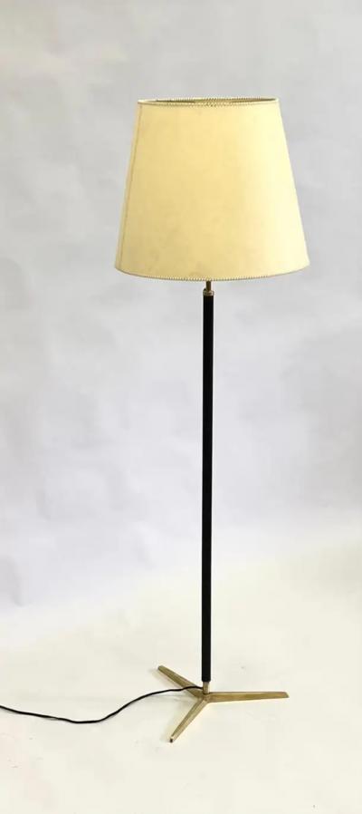 Jacques Adnet French Mid Century Modern Hand Stitched Black Leather Floor Lamp Jacques Adnet