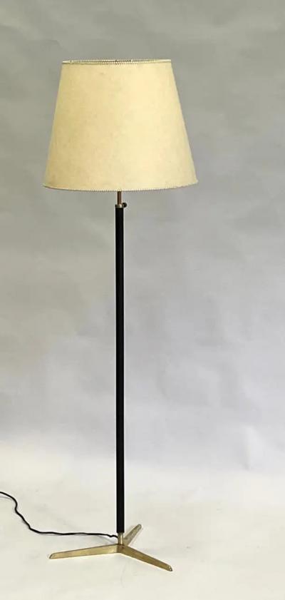 Jacques Adnet French Mid Century Modern Hand Stitched Black Leather Floor Lamp Jacques Adnet