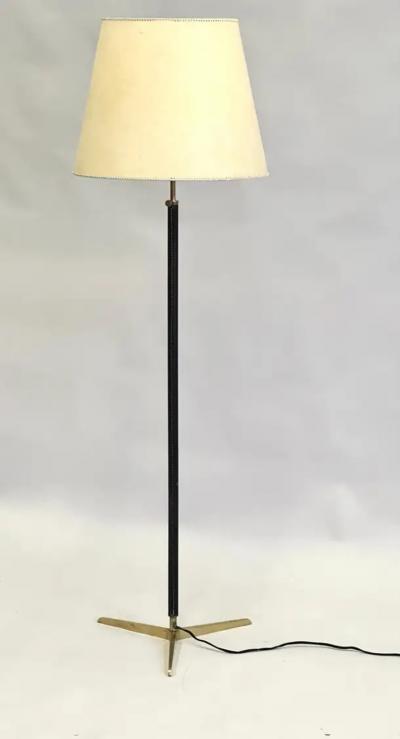 Jacques Adnet French Mid Century Modern Hand Stitched Black Leather Floor Lamp Jacques Adnet