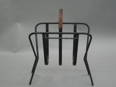 Jacques Adnet French Mid Century Modern Leather Iron Magazine Stand in Style Jacques Adnet