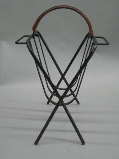 Jacques Adnet French Mid Century Modern Leather Iron Magazine Stand in Style Jacques Adnet