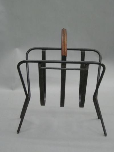 Jacques Adnet French Mid Century Modern Leather Iron Magazine Stand in Style Jacques Adnet