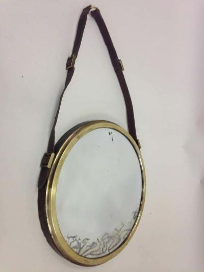 Jacques Adnet French Mid Century Modern Neoclassical Leather Wrapped Mirror Jacques Adnet