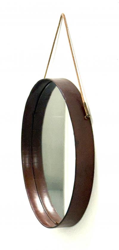 Jacques Adnet French Mid Century Round Stitched Dark Brown Leather Mirror Jacques Adnet 1955