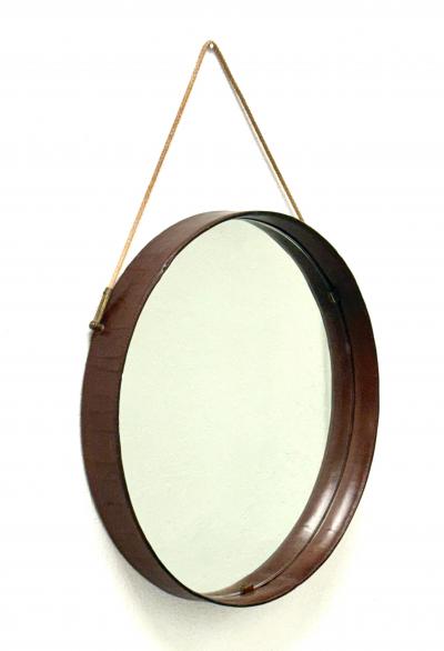 Jacques Adnet French Mid Century Round Stitched Dark Brown Leather Mirror Jacques Adnet 1955
