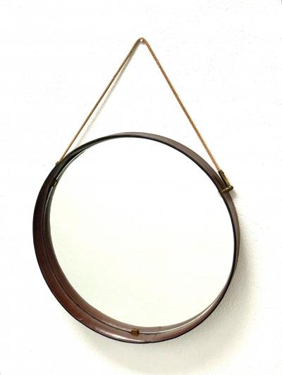 Jacques Adnet French Mid Century Round Stitched Dark Brown Leather Mirror Jacques Adnet 1955