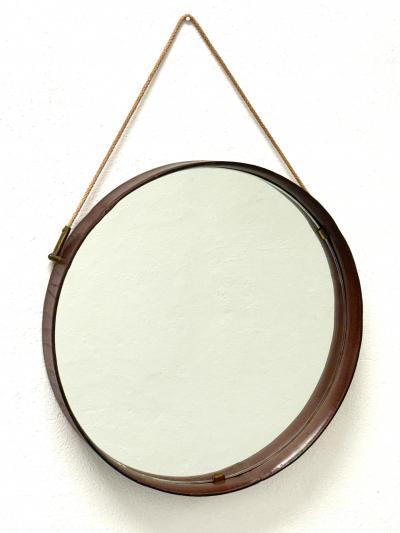 Jacques Adnet French Mid Century Round Stitched Dark Brown Leather Mirror Jacques Adnet 1955