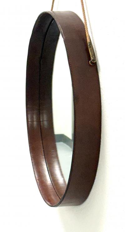 Jacques Adnet French Mid Century Round Stitched Dark Brown Leather Mirror Jacques Adnet 1955