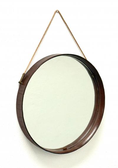 Jacques Adnet French Mid Century Round Stitched Dark Brown Leather Mirror Jacques Adnet 1955