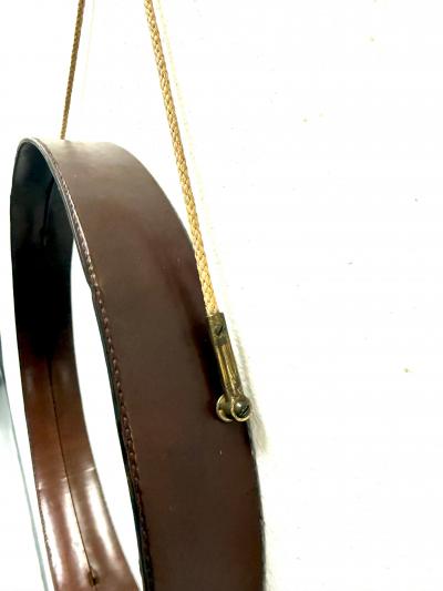Jacques Adnet French Mid Century Round Stitched Dark Brown Leather Mirror Jacques Adnet 1955