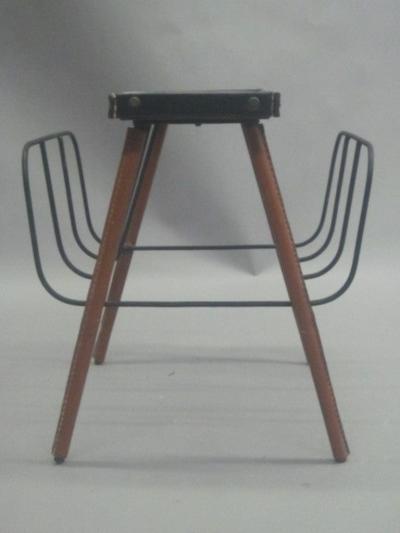 Jacques Adnet French Midcentury Handstitched Leather Magazine Stand Bench by Jacques Adnet