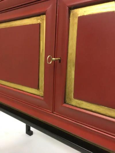 Jacques Adnet French Modern Neoclassical Chinese Red Lacquer Sideboards by Jacques Adnet