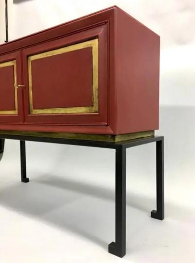 Jacques Adnet French Modern Neoclassical Chinese Red Lacquer Sideboards by Jacques Adnet